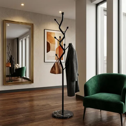 Vista 4 de Moderno perchero de metal con forma de árbol, árbol de pasillo de metal independiente con base de mármol resistente, organizador de entrada