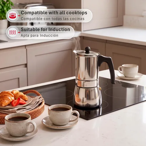 Vista 6 de Magefesa Genova - Cafetera espresso para estufa de 4 tazas, olla moka de acero inoxidable, compatible con inducción, cafetera Greca Plateado