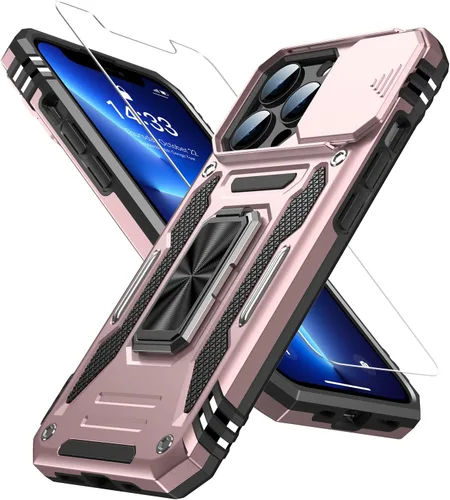 Vista 13 de MERRO Funda para iPhone 13 Pro con protector de pantalla, protección de cámara deslizante, funda resistente de grado militar con soporte magnético