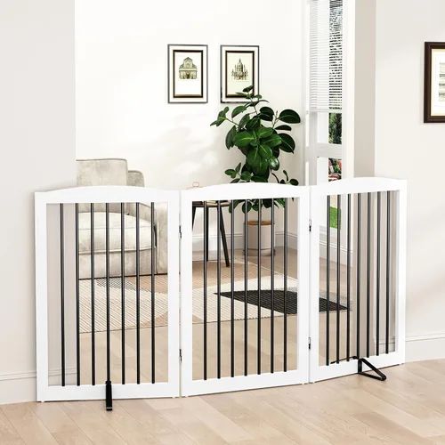 Vista 20 de PUPETPO Puerta independiente para mascotas para perros, puerta plegable de madera para perros para casa, escaleras, entradas, valla de seguridad
