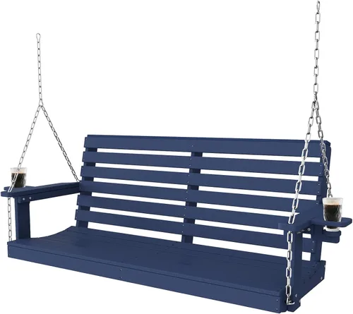 Vista 11 de Plawdlik Columpios de porche, silla de patio de 2 asientos con dos portavasos, banco impermeable de polietileno de alta densidad para patio