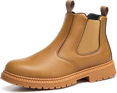 Vista 11 de Botas con punta de acero para hombres y mujeres, botas de trabajo sin cordones para la construcción Caqui