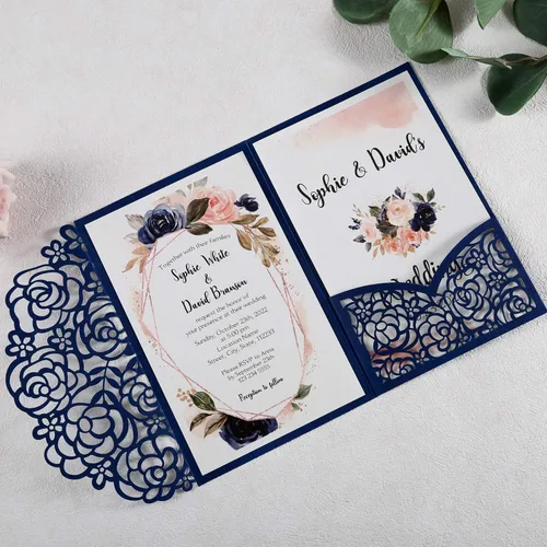 Vista 3 de Juego de 50 invitaciones de boda en blanco azul marino de 4.7 x 7 pulgadas, cortadas con láser, tarjetas de invitación de boda con sobres para boda