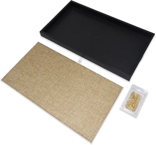 Vista 2 de CuteBox Bandeja de plástico negro con inserto de arpillera en U dorado para venta al por menor, mercancía, joyería, exhibición, organización