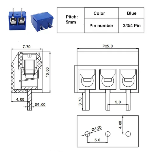 Vista 5 de 100 conectores de bloque de terminales de tornillo de montaje en PCB 2P 3P 4P 5mm/0.2inch para Arduino y proyectos de electrónica doméstica Cable