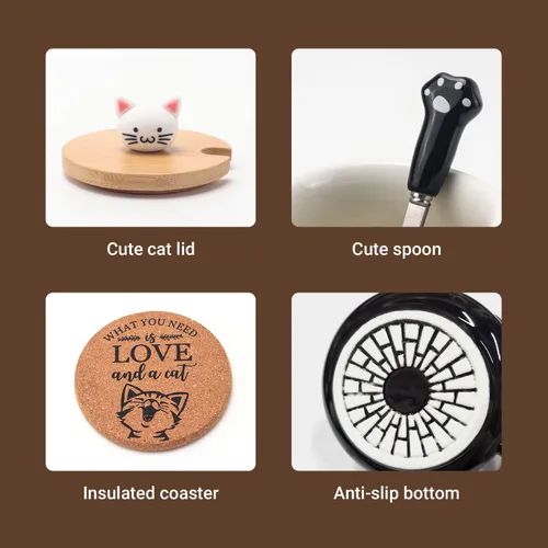 Vista 6 de Bgbg Linda Taza de Gato, Taza de Café Té Leche de Cerámica con Tapa de Gatito Adorable, Cuchara de Garra Kawaii, Alfombrilla de Anime, Cosas