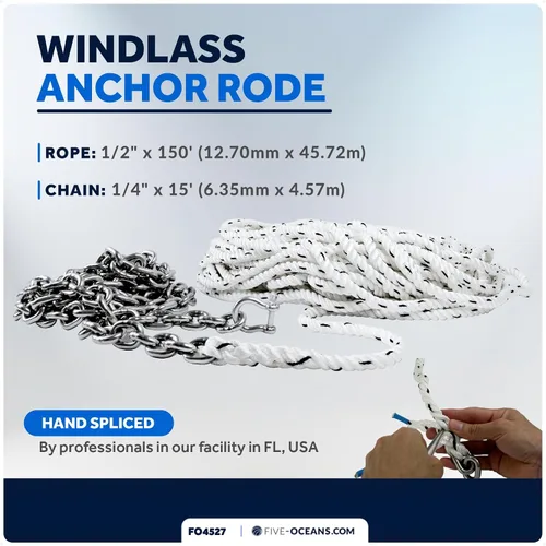 Vista 2 de Five Oceans Windlass Anchor Rode y cadena, cuerda de anclaje empalmada a mano y kit de cadena, cuerda de nailon de 3 hebras, cadena de acero