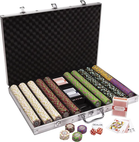 Vista 2 de Claysmith Gaming Juego de póquer The Mint de 1,000 ct, fichas compuestas de arcilla de 0.46 oz con estuche de aluminio, naipes y botón