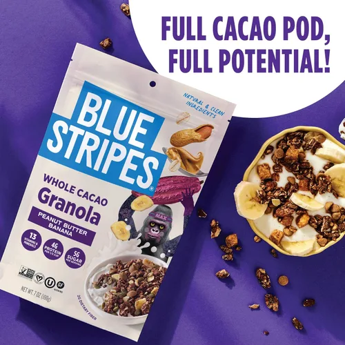 Vista 5 de Blue Stripes Granola de cacao entero con mantequilla de maní y plátano, 8 onzas