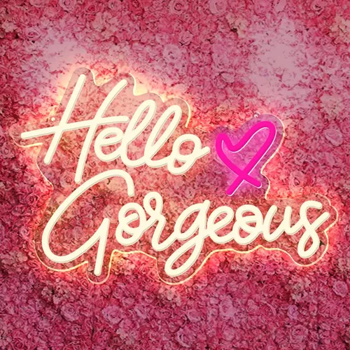 Vista 8 de Letrero de neón con texto en inglés "Hello Gorgeous Neon", luces LED de neón rosadas para el hogar, boda, cumpleaños, telón de fondo, fiesta