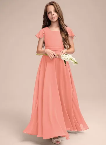 Vista 3 de Vestido de dama de honor junior de gasa cuadrado de una línea de vestido de niña de flores para boda