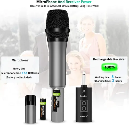 Vista 5 de Micrófono inalámbrico con Bluetooth, sistema de micrófono de metal dinámico de mano dual UHF profesional con receptor recargable, rango de 160 pies