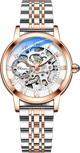 Vista 12 de MASTOP Relojes de mujer de zafiro automáticos Steampunk de cuerda automática mecánicos con pulsera de oro, reloj de esqueleto para mujer con correa