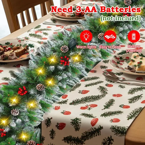 Vista 5 de Guirnalda de Navidad preiluminada de 9 pies con luces decorativas: guirnalda de vegetación artificial que funciona con pilas para chimenea