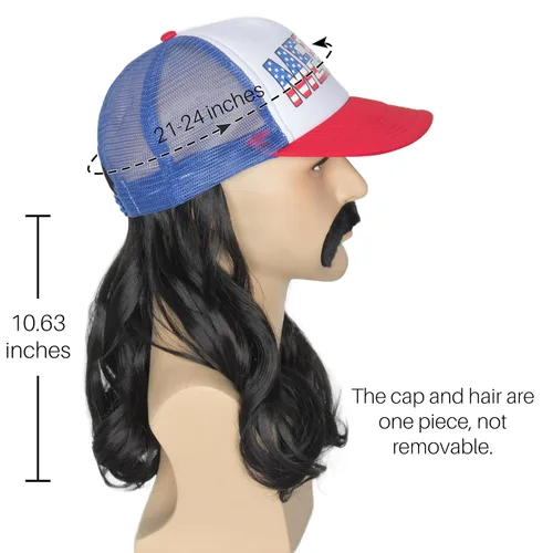 Vista 4 de Yan Dream Peluca de sombrero de salmonete rizado negro con bigote para el 4 de julio, sombrero de disfraz americano con pelo para hombres, fiesta