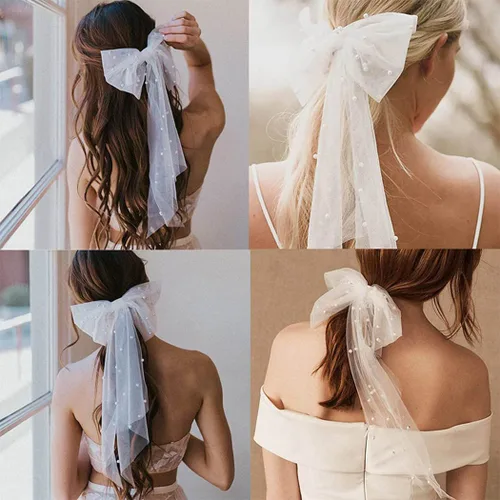 Vista 5 de JONKY Velo de Novia con Lazo de Boda Clip para Cabello con Perlas para Fiesta de Despedida de Soltera para Mujeres (Style1)