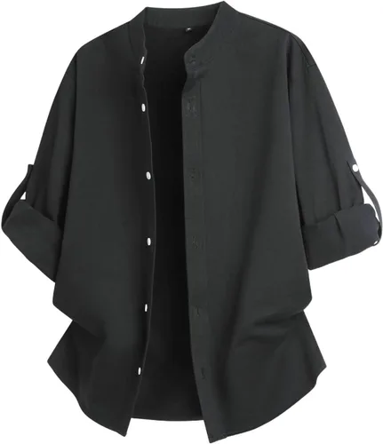 Vista 12 de Men's Roll-Up Sleeve Casual Button Down Shirts Stand Up Collar Summer Beach Shirt Loose Fit Lightweight Work Tops