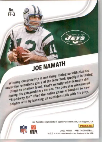 Vista 2 de 2023 Panini Prestige Franchise Favorites #3 Joe Namath New York Jets NFL Football Trading Card
