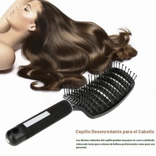 Vista 6 de Cepillo de pelo para secador de pelo, cepillo de masaje para desenredar de paleta larga y rizada, peine de volumen recto de secado rápido Negro