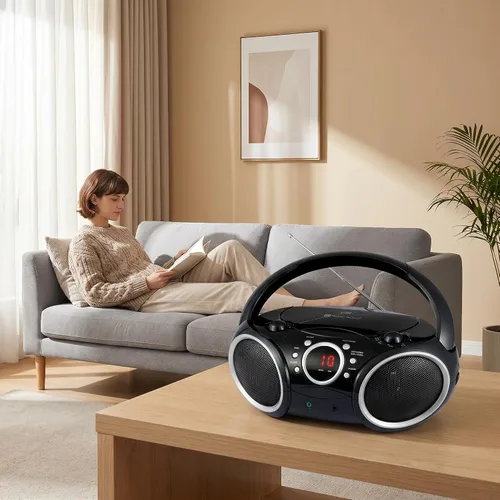 Vista 6 de SINGING WOOD 030C Reproductor de CD portátil Boombox AM FM Radio de sintonización analógica, línea auxiliar, conector para auriculares, asa