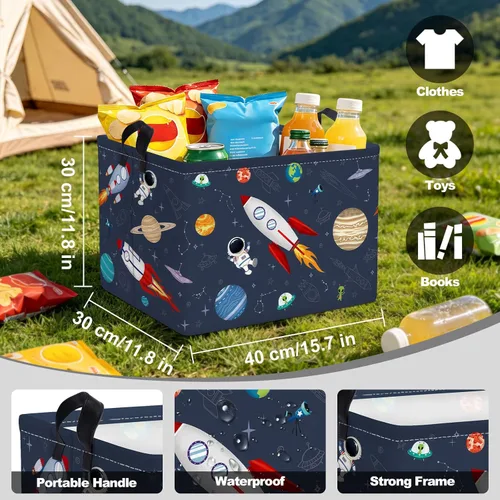 Vista 7 de Clastyle Rocket Astronauta - Cesta rectangular para niños, planeta cósmico, universo, azul, cubo de almacenamiento de juguetes, 36L