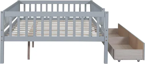 Vista 4 de Harper & Bright Designs Base de cama para niños de tamaño matrimonial con 2 cajones, sofá cama matrimonial de madera con valla, marco de cama