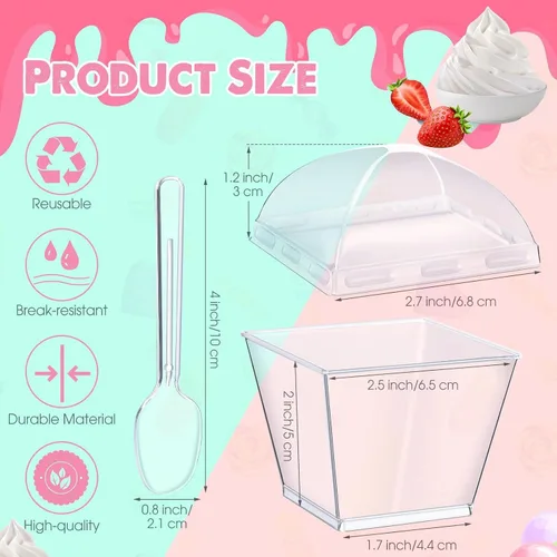 Vista 2 de 150 vasos de plástico de 3 onzas para postre con tapas y cucharas, tazas cuadradas para parfait, recipientes transparentes desechables para helado