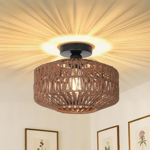 Vista 9 de Lámpara bohemia para techo, lámpara de techo de ratán con bombilla LED regulable, mini lámpara de araña tejida a mano para pasillo, dormitorio Gris