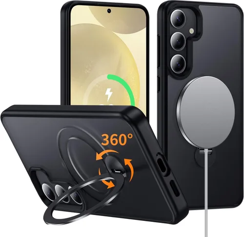 Vista 8 de Funda para Samsung Galaxy S24+ Plus, compatible con MagSafe, con soporte de anillo magnético giratorio de 360° [carga inalámbrica], soporte de Negro