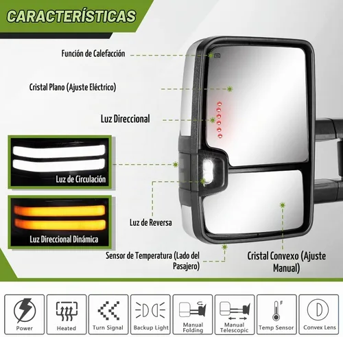 Vista 2 de Espejos de remolque para Chevy Silverado/GMC Sierra 1500 (2014-2018), 2500HD/3500HD (2015-2019) Switchback - Señal de giro dinámico/luces de marcha