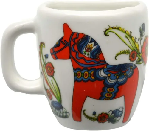 Vista 4 de Imán decorativo de cerámica de la taza del caballo de Dala azul con temática sueca de 2,25 pulgadas ScandinavianGiftOutlet