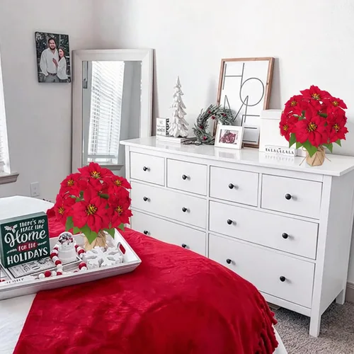 Vista 5 de Mini árbol de Navidad con flores artificiales en maceta 1cs pequeño en maceta-13 pulgadas
