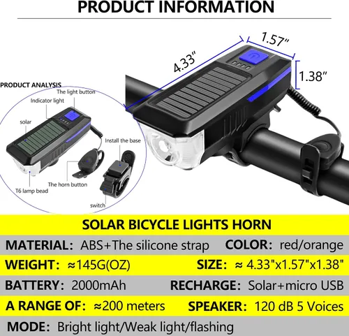 Vista 7 de Faro de bocina de bicicleta solar / USB de doble carga para bicicleta, luz de bocina de bicicleta de alto brillo, impermeable, luz de bocina