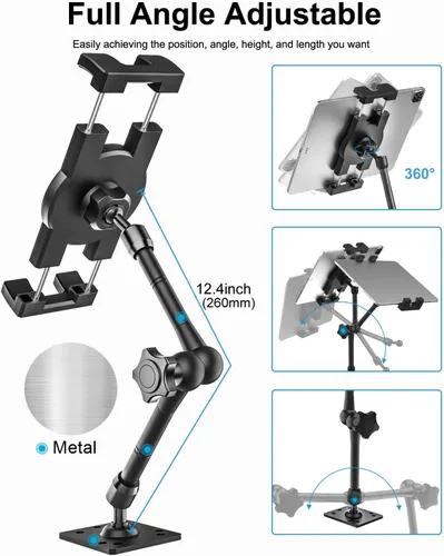 Vista 3 de Soporte de tableta con base de taladro para camión, brazo largo de metal, soporte de tableta de camión resistente, soporte de tablero