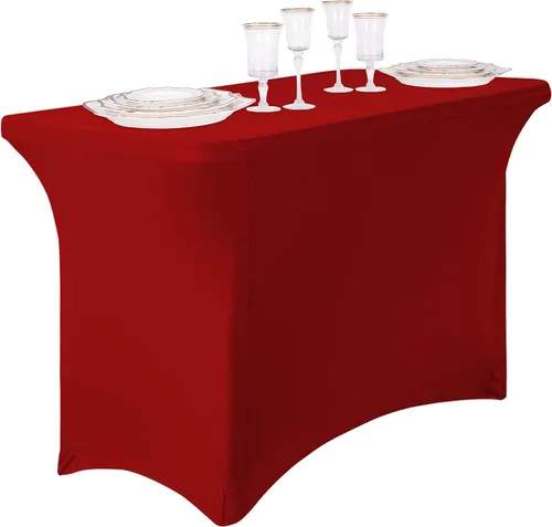 Vista 3 de LinenMantel rectangular elástico, 6 pies, color rojo