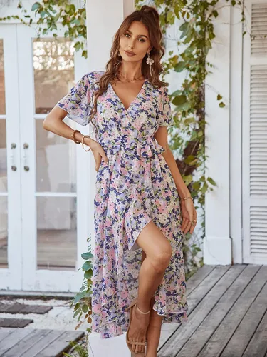 Vista 6 de PRETTYGARDEN - Vestido floral para mujer estilo bohemio, cruzado, con cuello en V, manga corta, con cinturón, dobladillo con volantes, acampanado