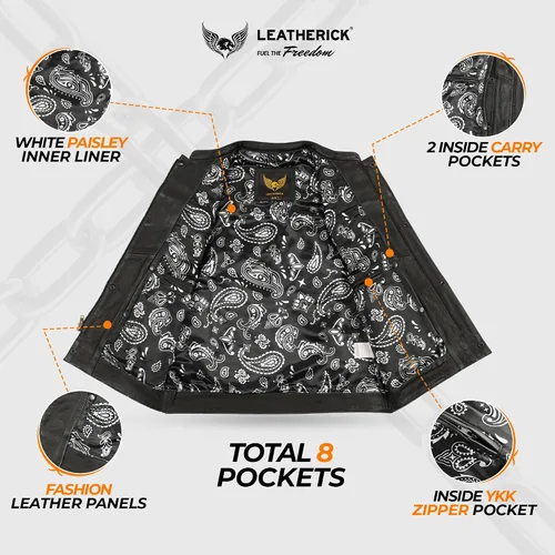 Vista 5 de Leatherick Mens Black Motorcycle Vests - Top Grain Cow Leather SOA Club & Traditional Paisley Satin Liner Leather Biker Vests