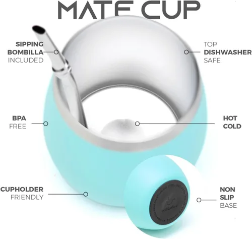 Vista 2 de BALIBETOV Kit Mate – Incluye 1 Taza Mate, 1 Bombilla Pajita y 1 Termo con 2 Tapones – Calabaza de Acero Inoxidable con Tapa (Aqua)