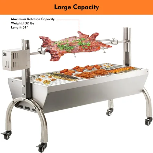 Vista 2 de DEWOSEN Asador con espetón de parrilla de 50W, 51 pulgadas, parrilla BBQ para exterior, pequeño, para asar cerdo y cordero, 132LBS/60KG, de acero