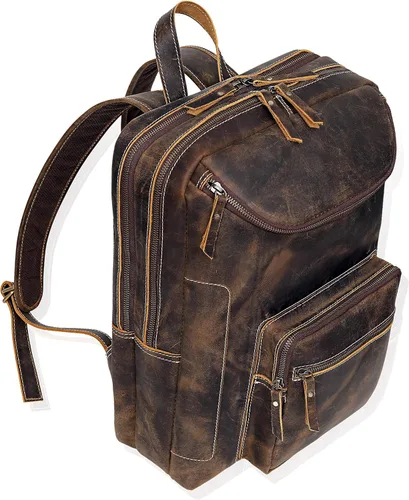 Vista 6 de Mochila de cuero vintage para hombre, bolsa para laptop de 16 pulgadas, gran capacidad, viajes de negocios, senderismo, mochila de hombro, mochila