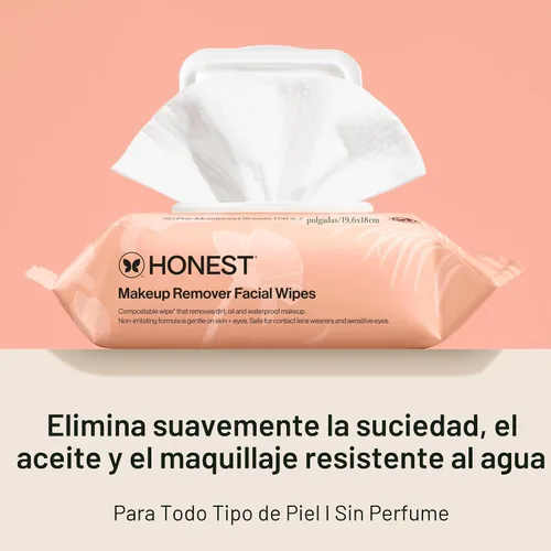 Vista 2 de Honest Beauty Toallitas faciales limpiadoras sin fragancias A base de plantas, hipoalergénicas, suaves para pieles sensibles, 30