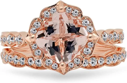 Vista 3 de Dazzlingrock Collection Anillo de compromiso de 14 quilates con piedras preciosas acolchadas y diamantes redondos para mujer, oro rosa