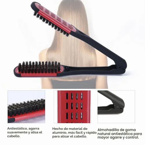 Vista 2 de Cepillo de pelo con abrazadera de cerdas de jabalí, enderezadora de cerámica de doble cara con abrazadera, desenredar y peinar el cabello