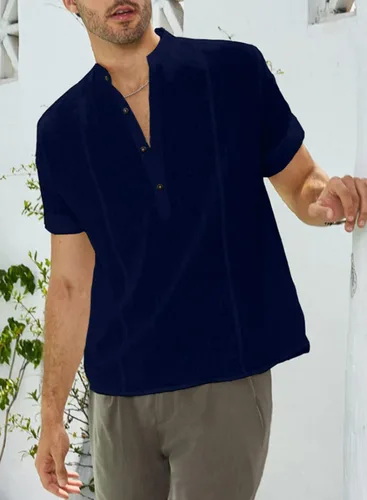 Vista 5 de JMIERR Camiseta Henley de manga corta para hombre con textura de lino y algodón estilo hippie
