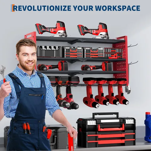 Vista 7 de GarveeTech Organizador de herramientas eléctricas, soporte de pared para taladro, estante de garaje resistente de 4 capas con cargas de metal de 400
