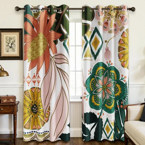 Vista 14 de Tyrot - Cortinas bohemias florales 100% opacas para dormitorio de 63 pulgadas de largo, 2 paneles. Cortinas botánicas de mediados de siglo