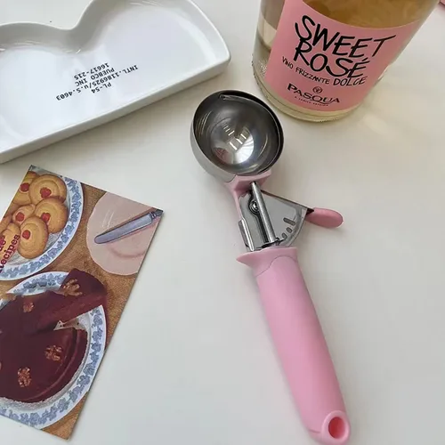 Vista 5 de Paquete de 2 cucharadas de helado para masa de galletas con gatillo mango rosa para masa de galletas, magdalenas, masa de helado, control