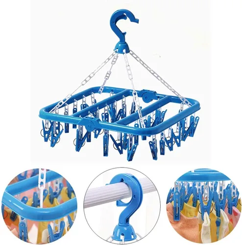 Vista 5 de SteelFever Percha de secado de ropa con 32 clips, estante de secado plegable para ropa interior y calcetines (azul)