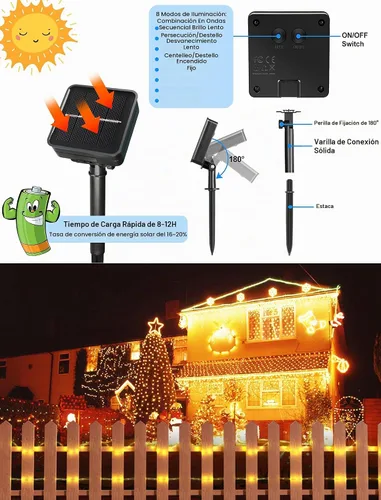 Vista 8 de KerKoor, luces de cuerda solar para exteriores, impermeables, 100 luces LED alimentadas por energía solar, luces de hadas para decoración
