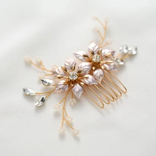 Vista 7 de SWEETV Peine de pelo de novia dorado, hecho a mano, pinza para el pelo de boda, accesorios para el cabello para mujer Dorado-b